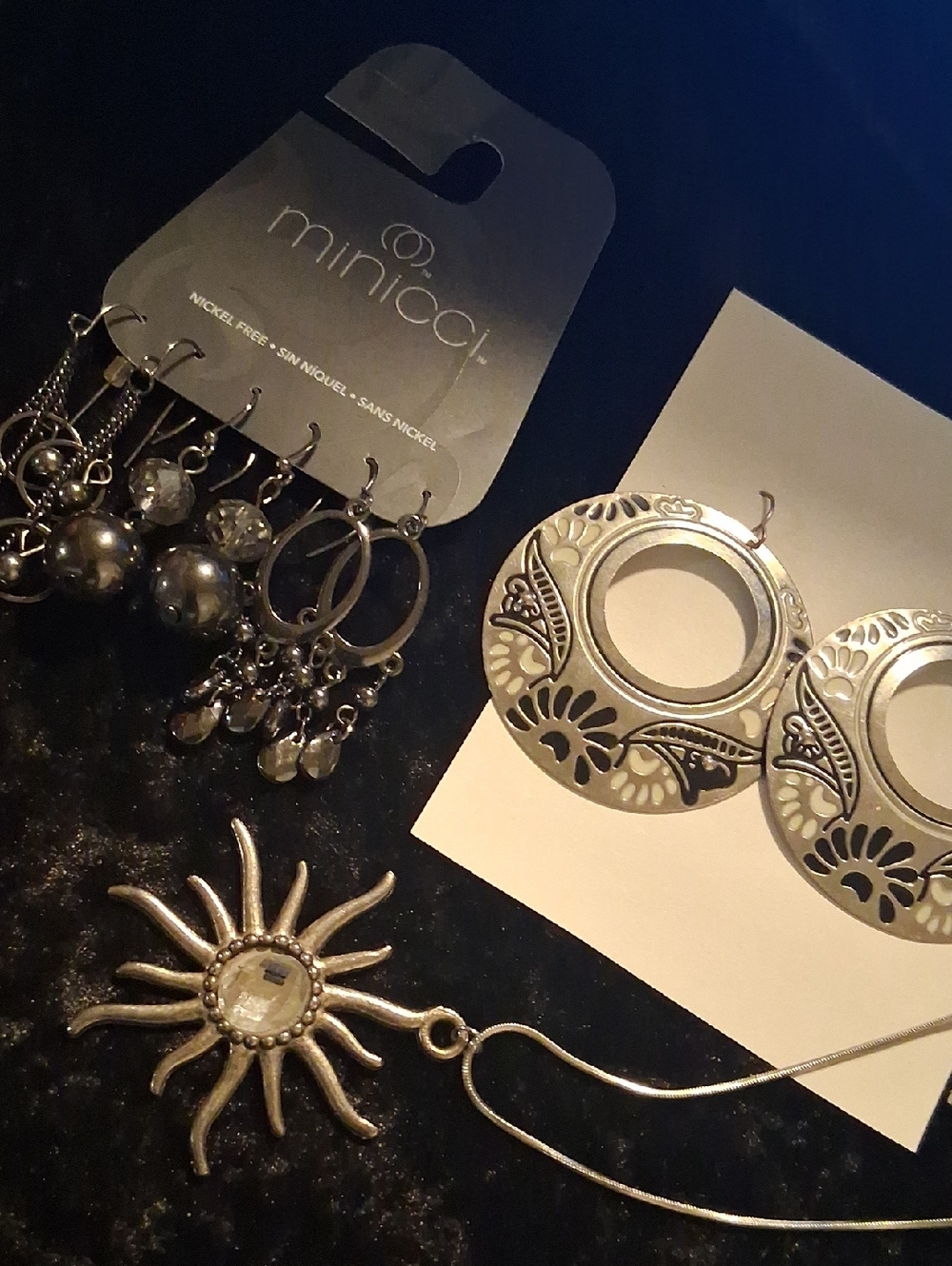 Minicci Silver Sun Pendant Necklace with Decorative Hoop and Dangle Earring Set